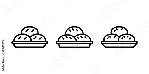 Indian sweet bread buns on plate icon set isolated on white background for bakery shop menu design or food application interface symbols in linear style