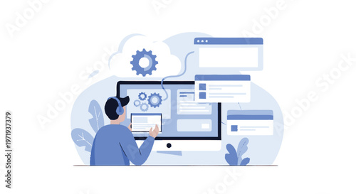 Man working on computer with software development and coding.