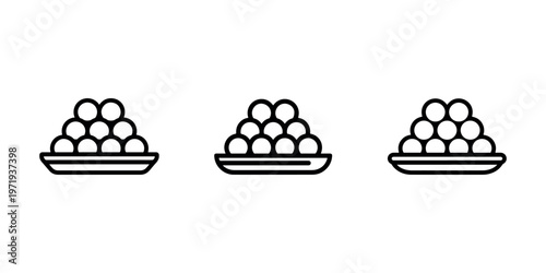 Plate of indian laddu sweets icons in linear style for festival celebration or traditional dessert menu design isolated on white background vector set
