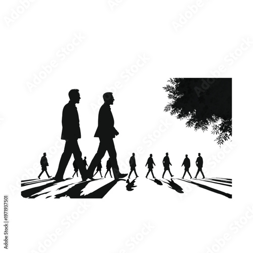Two large business figures in silhouette stride forward, casting long shadows, while a smaller group of figures follows, suggesting leadership and a following in a professional setting.