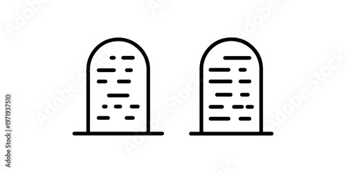 Two abstract tombstone or gravestone icons with engraved lines representing memorial or death concept vector