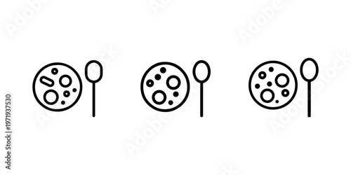 Three petri dish icons with samples and spoon icon for science laboratory research or microbiology study vector