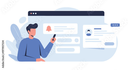 Man Interacting with Online Notifications and Profile Interface.