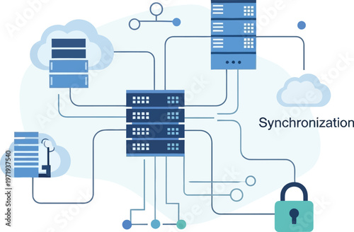 Cloud Data Synchronization: An abstract illustration showcasing the seamless flow of data between cloud servers, highlighting the synchronization and security protocols vital in the digital age. 