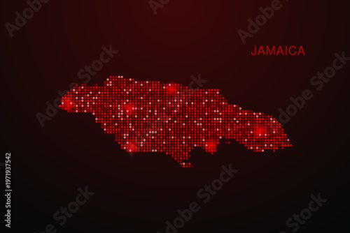 Jamaica Map - Digital dotted map with glowing red points on dark background, modern technology style, abstract data network design, clean minimal vector illustration.