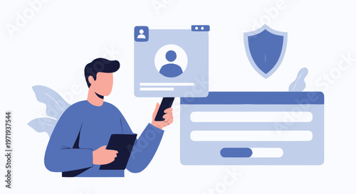 Man Interacting with Online Profile and Security Features Illustration.