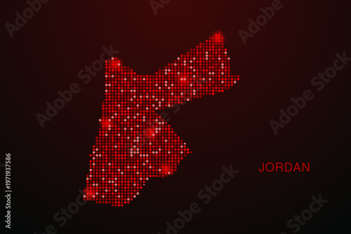 Jordan Map - Digital dotted map with glowing red points on dark background, modern technology style, abstract data network design, clean minimal vector illustration.