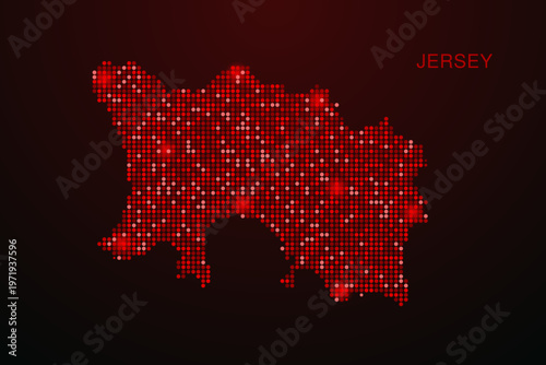 Jersey Map - Digital dotted map with glowing red points on dark background, modern technology style, abstract data network design, clean minimal vector illustration.