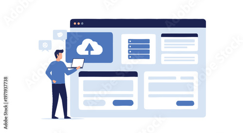 Man working on laptop with cloud computing and data transfer.