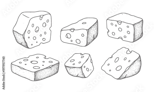 Six different shaped pieces of Swiss cheese with holes dairy food