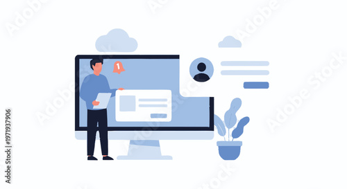 Man with Document Standing Before Computer Screen Displaying User Interface.