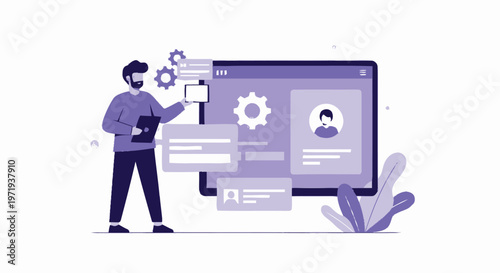 Illustration of a man working on a computer interface with settings.