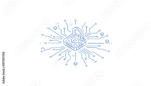 Isometric Padlock with Circuit Board Pattern Illustrating Data Security.