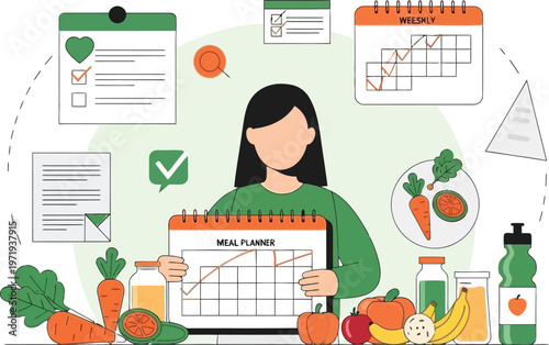 Wellness Roadmap: A wellness guru, surrounded by fresh fruits, vegetables, and meal planning tools, guiding the path to well-being through health, nutrition and mindful eating.