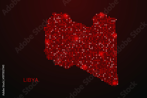 Libya Map - Digital dotted map with glowing red points on dark background, modern technology style, abstract data network design, clean minimal vector illustration.