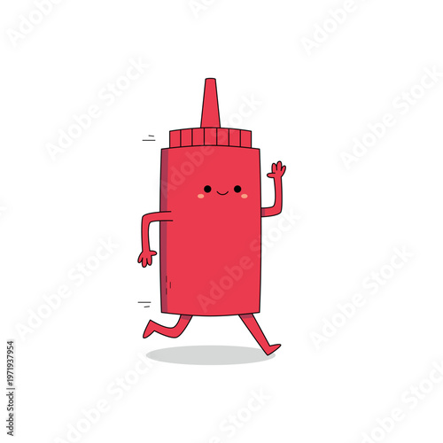 Cute red ketchup bottle cartoon character running doodle