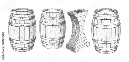 Three wooden barrels and a curved wooden support vintage container storage