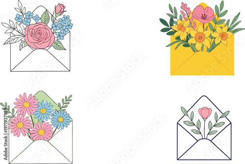 Tableau sur toile Floral Envelope Vector Set with Hand-drawn Flowers and Colorful Envelopes for Gr