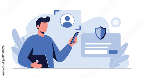 Man interacting with mobile banking and personal profile interface.