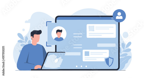 Man interacting with online profile on digital device.