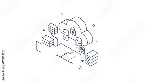Isometric Cloud Computing Concept Depicting Data Security and Storage.