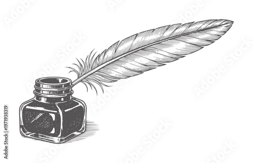 Vintage quill pen resting in a dark inkwell with feather texture writing