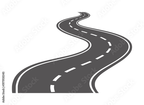 Winding dark grey asphalt road with white dashed lines white curve