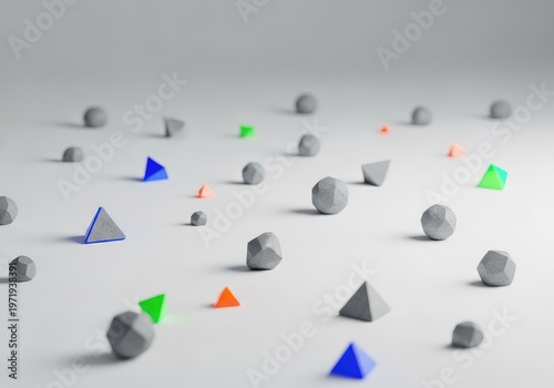 Abstract background showing small, gray, scattered geometric shapes spread randomly across a vast white, clean surface, perfect for overlay design, texture, shape, modern