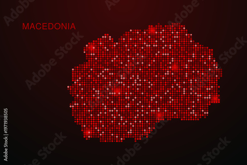 Macedonia Map - Digital dotted map with glowing red points on dark background, modern technology style, abstract data network design, clean minimal vector illustration.