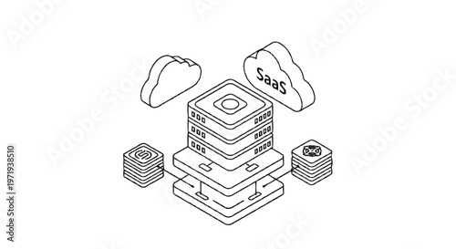 Isometric SaaS Cloud Server Illustration with Data Storage and Processing.
