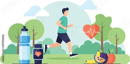 Healthy Run in Park: A person is running in the park for a healthy lifestyle, with water bottle, fitness tracker, fruits and heart rate sign beside.
