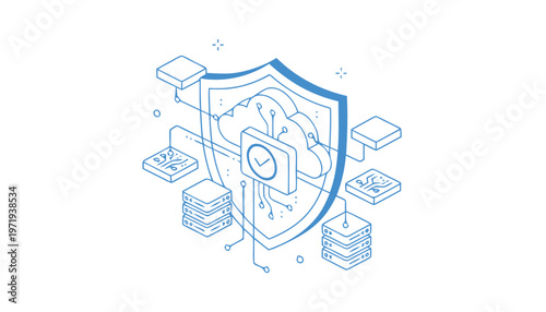 Isometric Illustration of Secure Cloud Computing and Data Protection.
