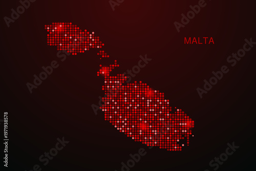 Malta Map - Digital dotted map with glowing red points on dark background, modern technology style, abstract data network design, clean minimal vector illustration.