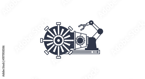 Industrial Robot Arm and Wheel Mechanism Illustration on White Background.