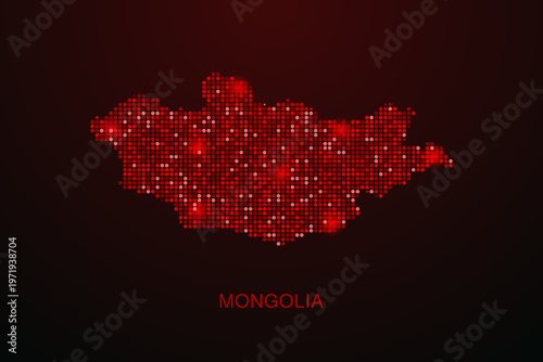 Mongolia Map - Digital dotted map with glowing red points on dark background, modern technology style, abstract data network design, clean minimal vector illustration.