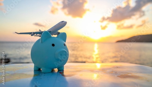 Piggy Bank and Airplane on World Map with Ocean Sunset Background for Savings and Dream Travel Concepts.