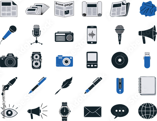 Comprehensive media and communication office tool icon set design