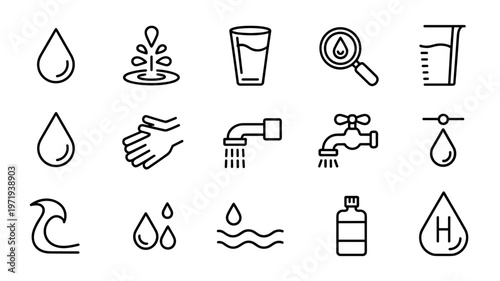 Water Drop Line Icon Set – Liquid, Hygiene, and Clean Water Outline Collection
