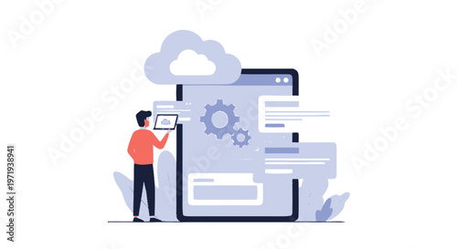 Man Interacting with Cloud Computing on Tablet and Smartphone.