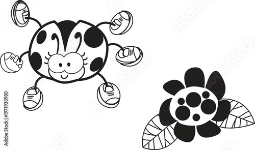vector sketch illustration silhouette design caricature image child abstract background animal beetle flying above flower