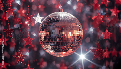 Disco ball with red stars and garland. 3d rendering