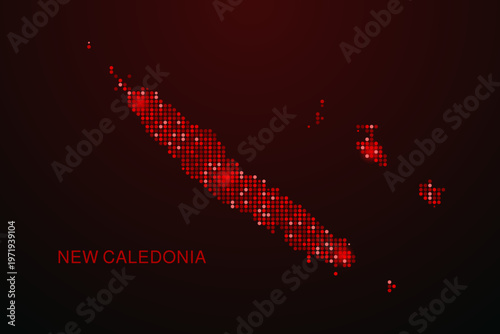 New Caledonia Map - Digital dotted map with glowing red points on dark background, modern technology style, abstract data network design, clean minimal vector illustration.