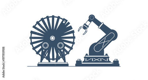 Industrial Robot Arm Interacting with a Mechanical Gear in a Factory.