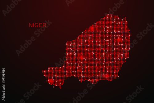 Niger Map - Digital dotted map with glowing red points on dark background, modern technology style, abstract data network design, clean minimal vector illustration.