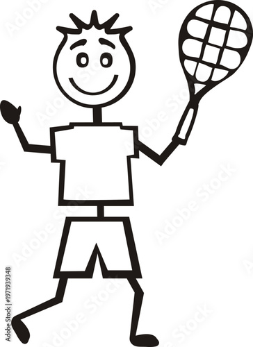 vector sketch illustration silhouette design caricature pencil drawing of a little boy playing padel tennis