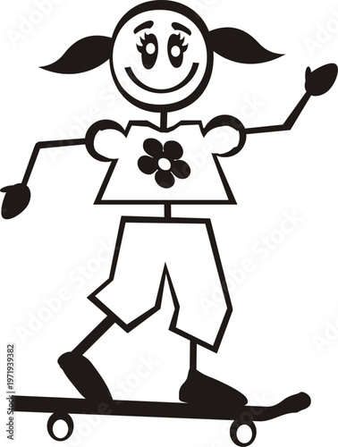 vector sketch illustration silhouette design cartoon pencil drawing of a little girl playing skateboard 