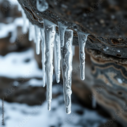 Close-up of melting icicles hanging from a rock in winter