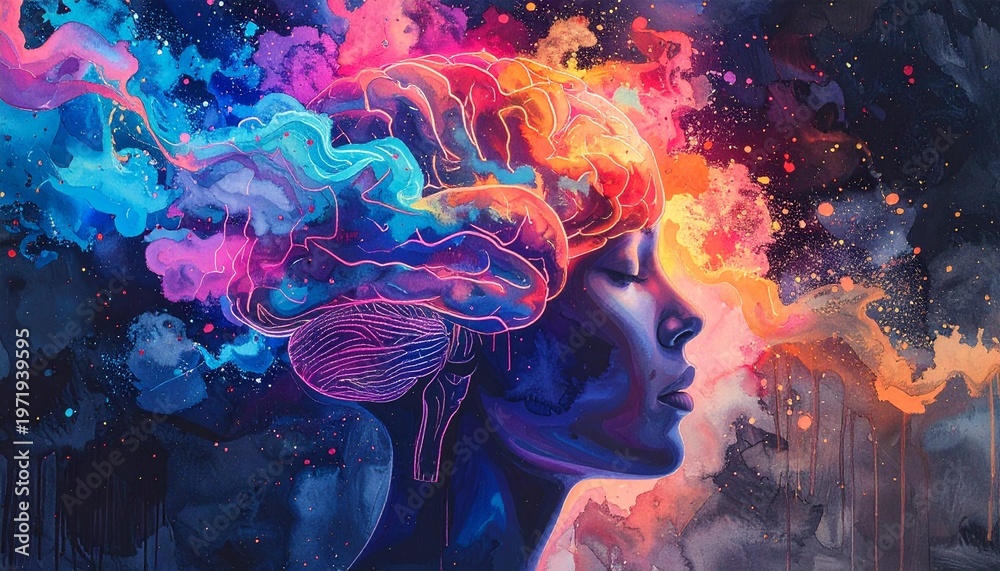 Obraz premium Conceptual Artwork of Human Mind with Vibrant Colors and Energy Mental Power Creativity.