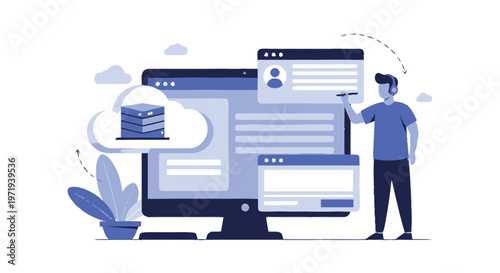 Man Interacting with Cloud Server and Computer Interface.
