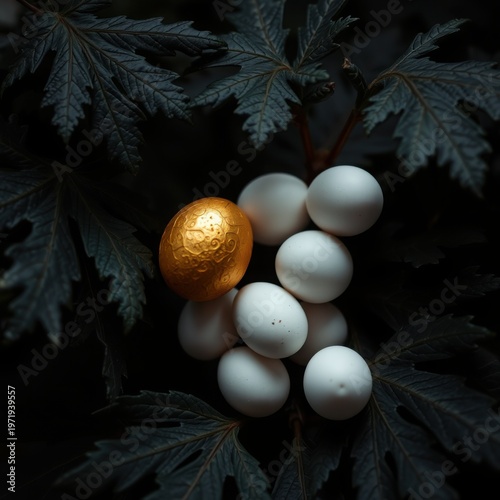 cluster of white eggs with one golden egg among dark oak leaves